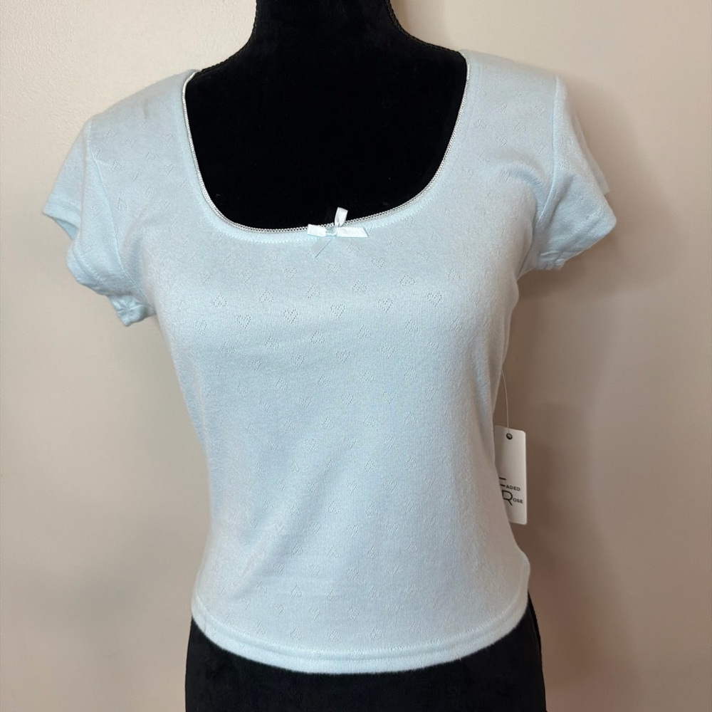 NWT Faded Rose Baby Blue Eyelet Heart Tee | Bow Detail | Size XL